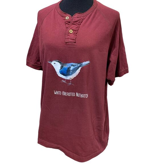 Wingspan Inspired Mens Large White-Breasted Nuthatch Bird Upcycled Henley Tee - Picture 1 of 4